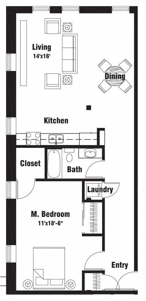 Floor plan for 1 bed, 1 bath, 944 sqft
